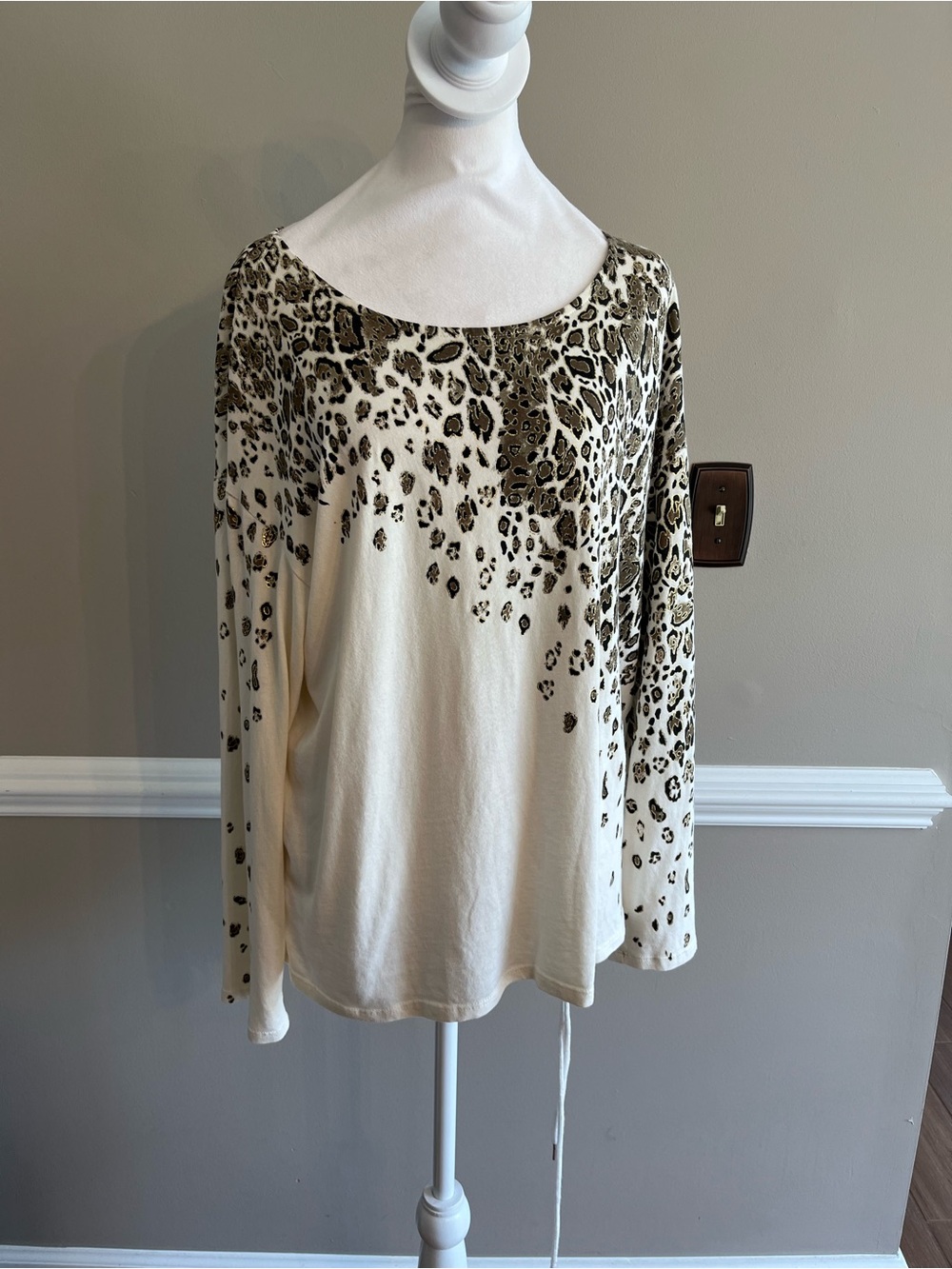 Chico's Weekends Cream and Brown Leopard Print Long Sleeve Top 2/medium